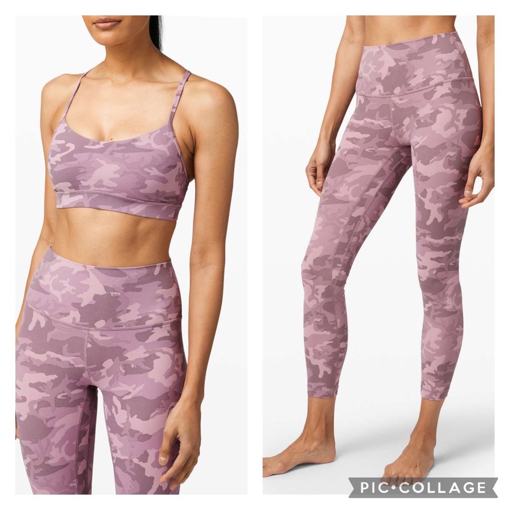 Lululemon 2 piece Set Pink Camo High Rise Pants & Flow Y Bra Nulu Light Support